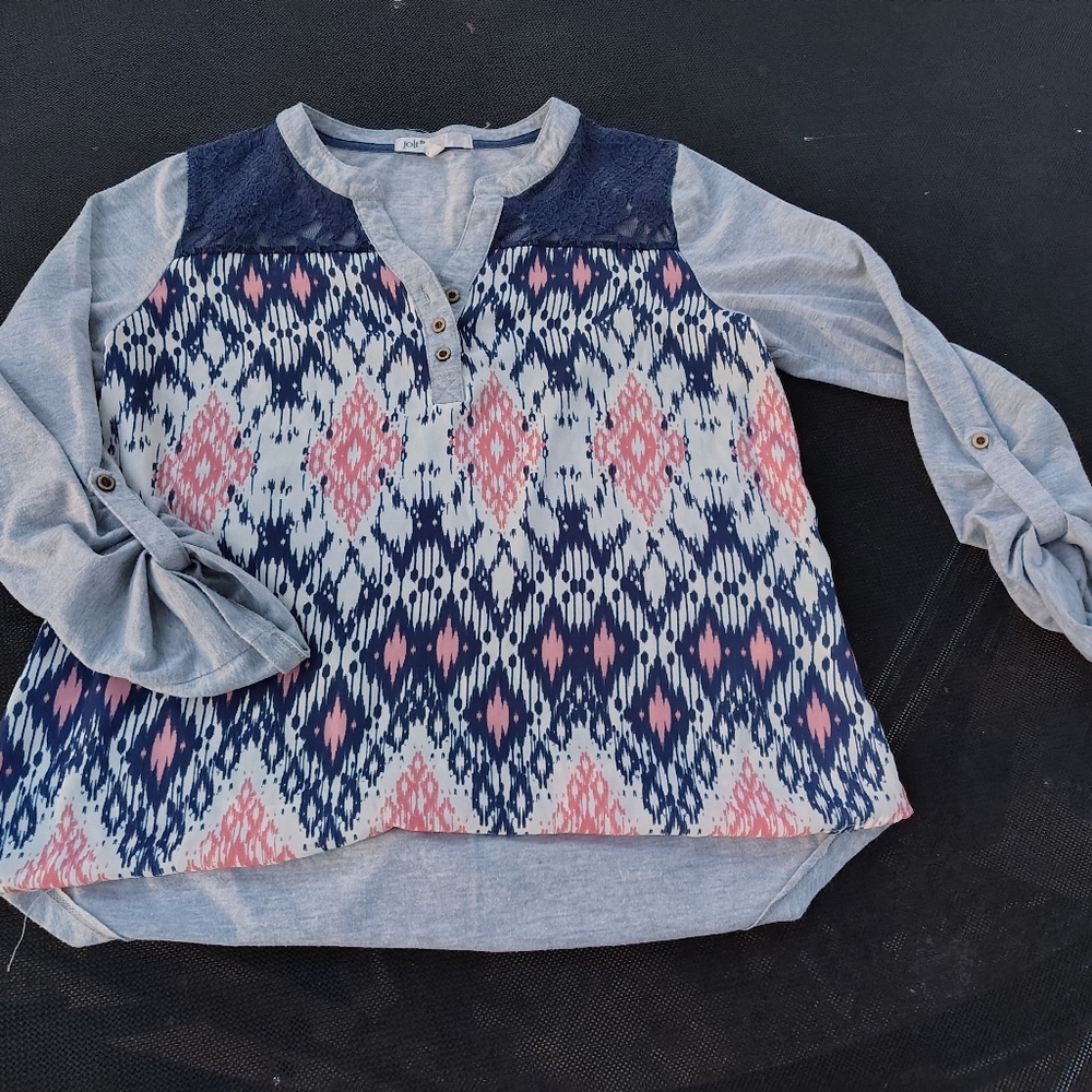 Jolt Split Crew Neck Roll- Tab Sleeve Blue Pink Boho Geometric Print SZ Medium